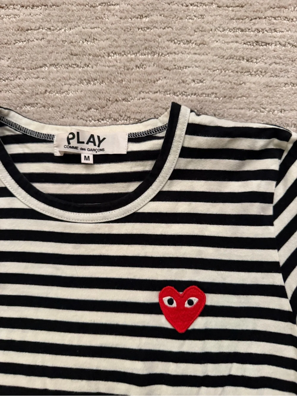 Authentic Comme Des Garçons Black & White Striped Long Sleeve Tee with Red Heart